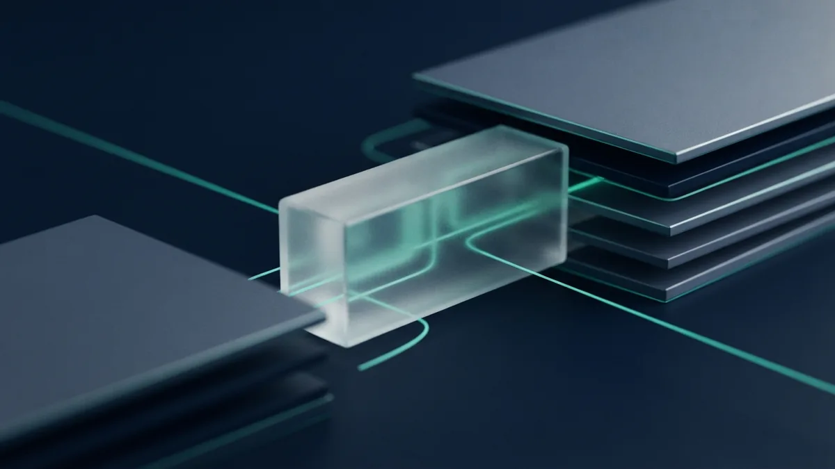 Frosted glass payment flow linking secure banking layers in a navy setting