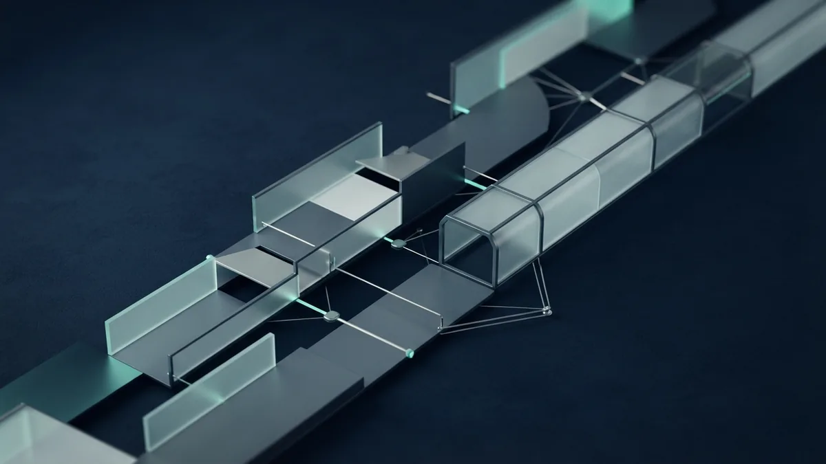 Hosted and integrated gateway paths Two abstract payment gateway paths shown with glass panels and teal connections