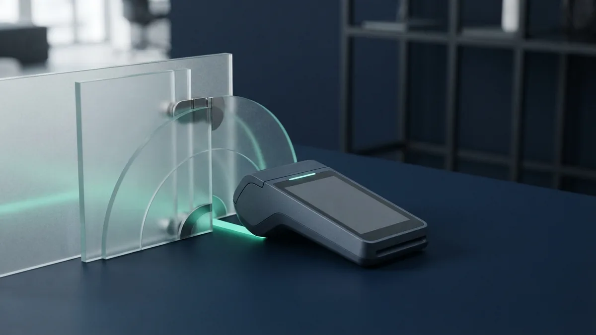 Contactless payment device beside frosted glass forms in a calm navy setting