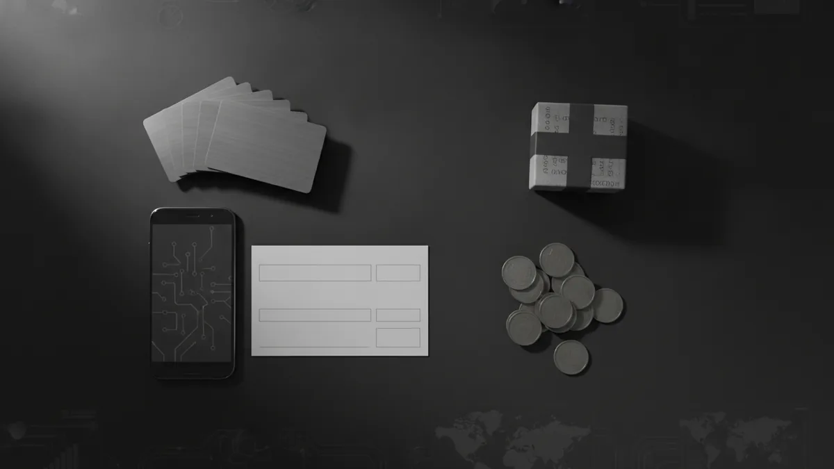 Different payment methods in one view Payment methods arranged together with cards, phone, bank transfer papers, and coins
