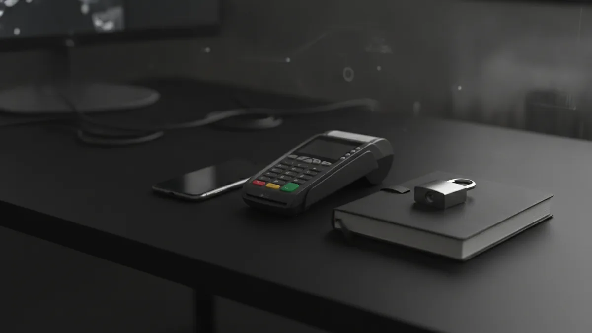 Secure online payment setup with card terminal, phone, lock-shaped object, and ledger