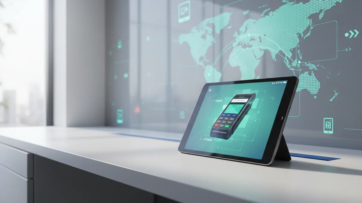 Online payments integration setup Devices on a desk representing online payment processing integration and checkout flows.