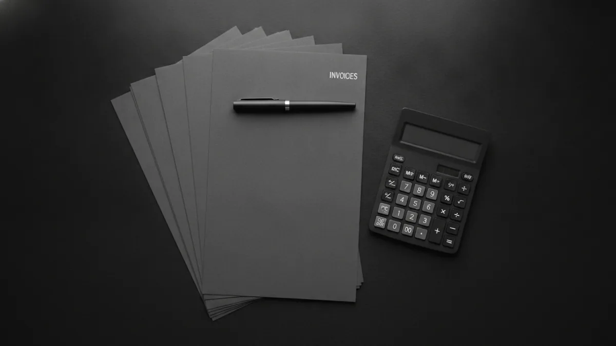 Where fees appear on statements Invoices and calculator on a desk representing payment fee breakdown