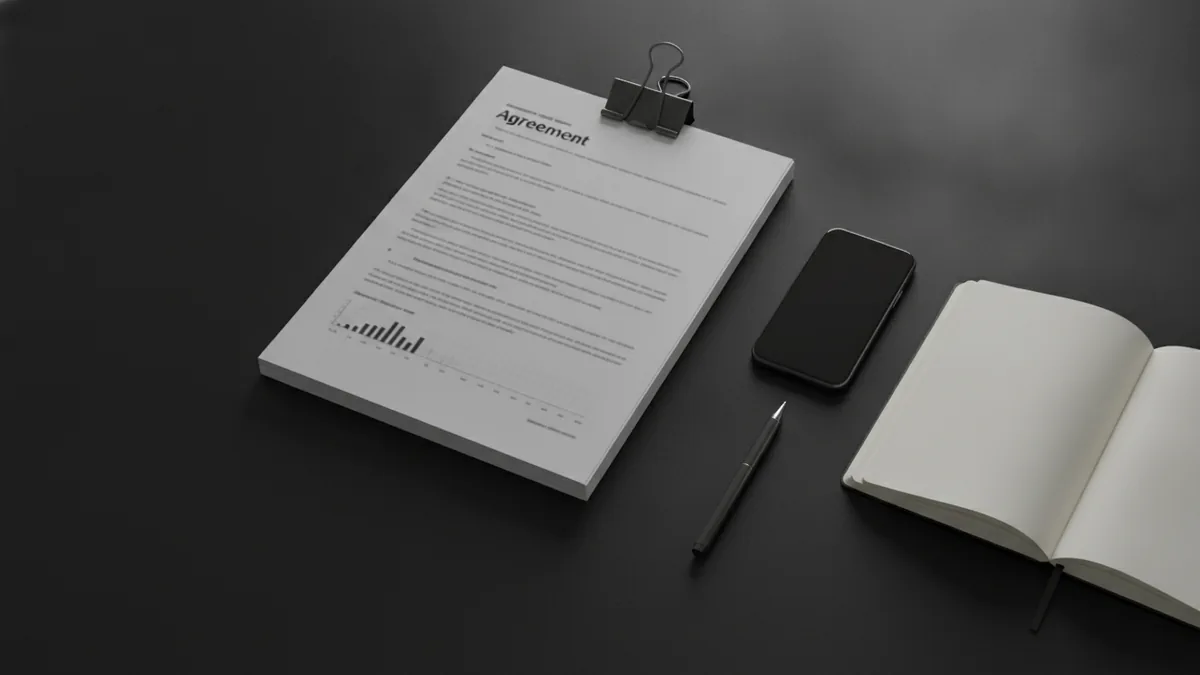 Template drafting setup Drafting a payment settlement agreement with documents and notes nearby.