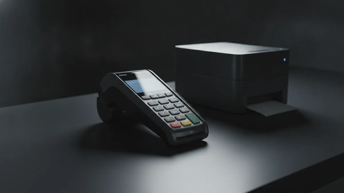 Payment terminal and receipt area representing transaction event tracking