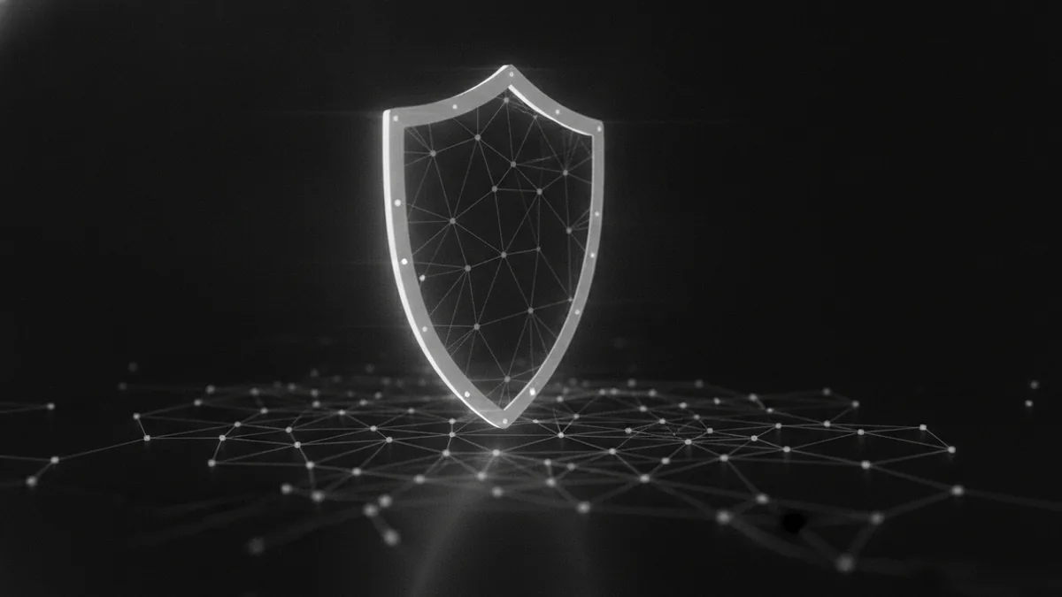 Fraud risk protection Shield over connected nodes representing fraud prevention and compliance