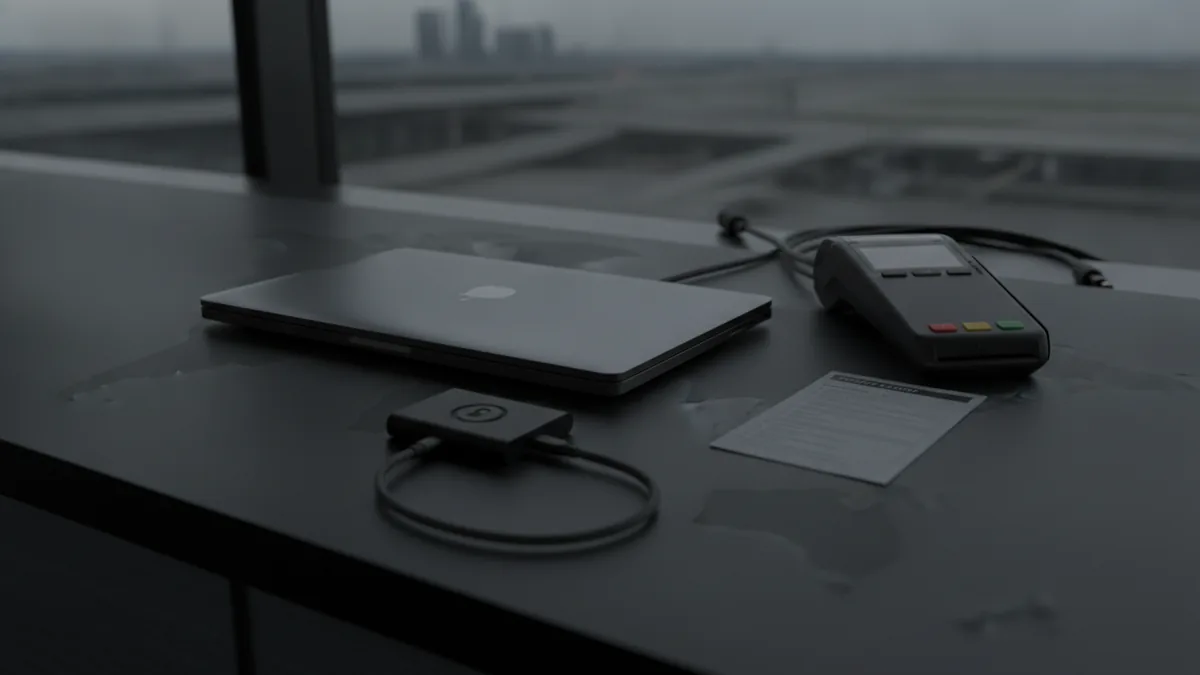 Payment security control review Analyst reviewing payment security controls beside a laptop and card terminal