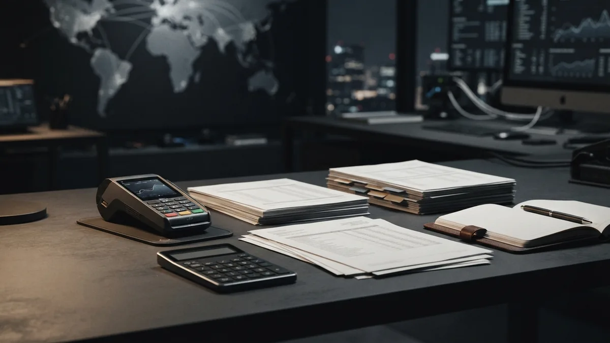 Business reviewing bankcard fees and payment security costs at a desk