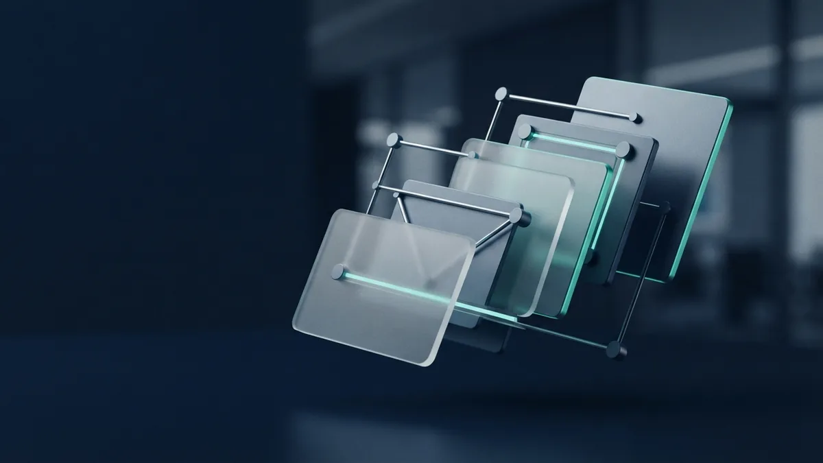 A calm visual for smoother payment handling Navy glass forms arranged in an orderly flow to suggest smoother customer payment handling