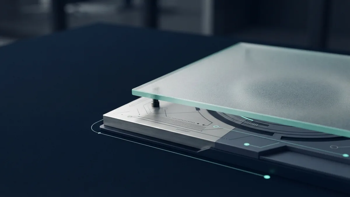 Protected records and clear ACH consent Frosted glass and metal layers suggest protected records and clear payment authorization
