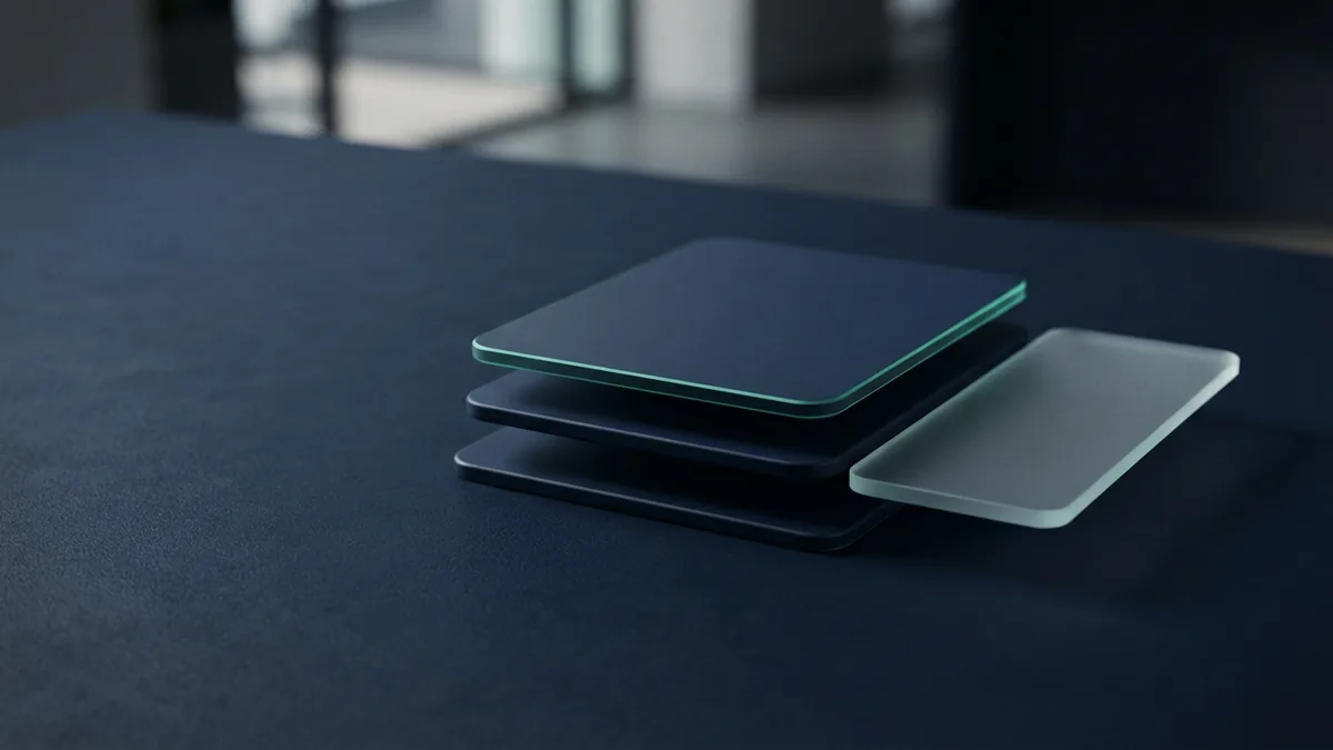 Frosted glass form set apart from navy layers to suggest a returned payment