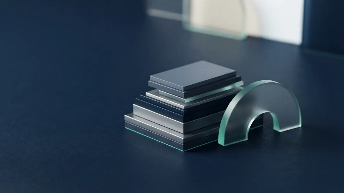Layered navy cards beside a frosted glass arc in a calm studio scene
