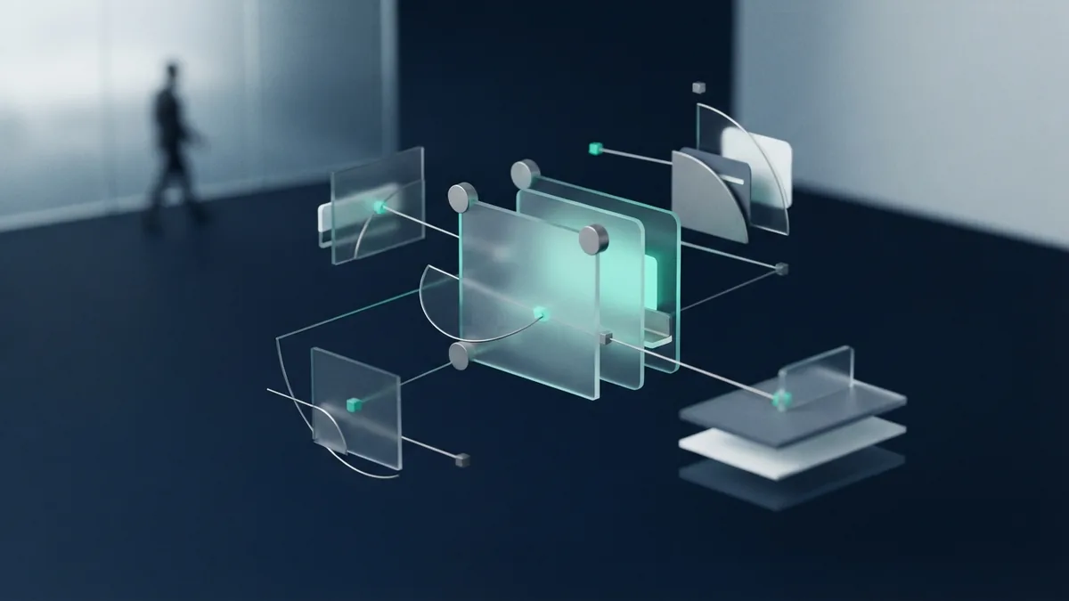 Payment tracking system concept Abstract payment tracking structure with frosted panels and teal links on a navy background