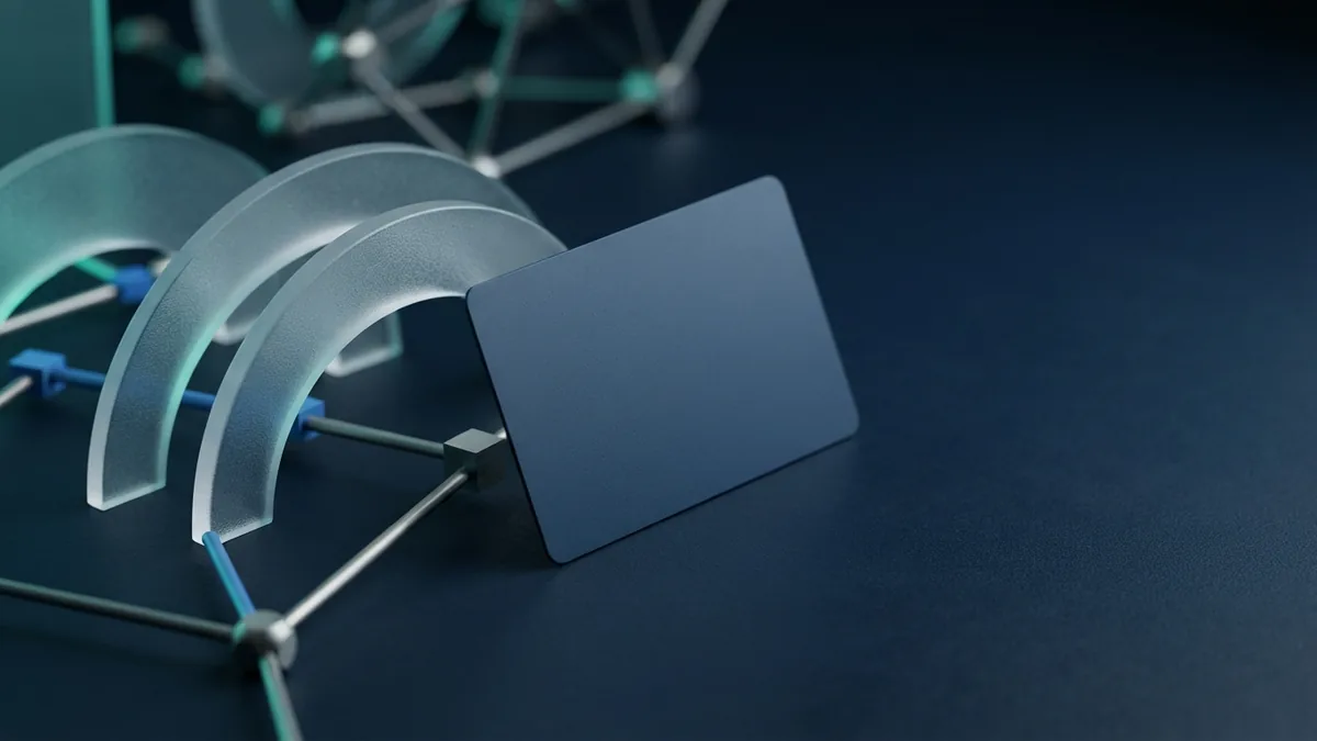 Payment method concept in navy and mint Matte payment card beside frosted glass forms in a navy studio setting