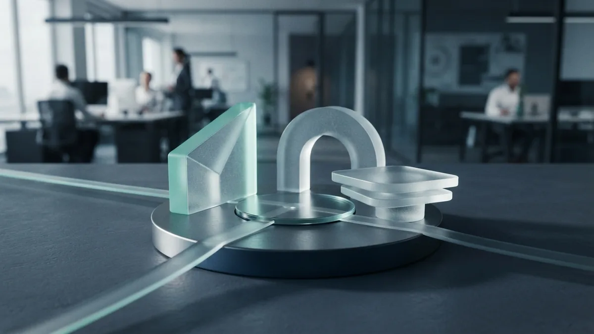 Frosted glass forms joining one shared student record in navy and mint tones