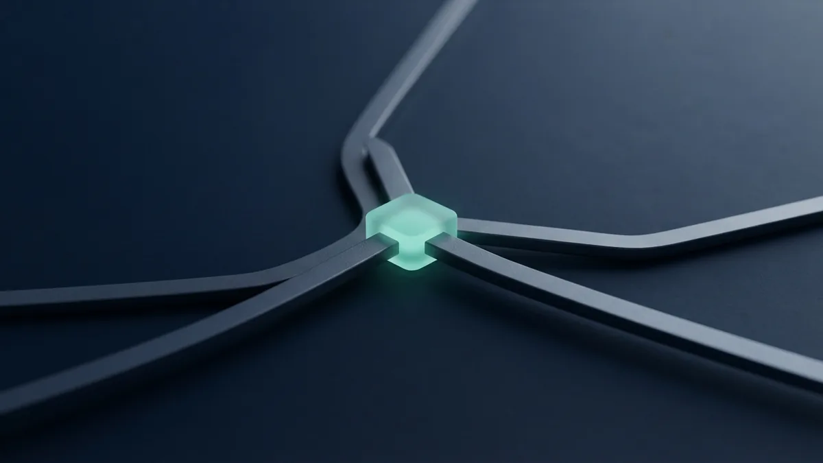 Planning a payment flow Frosted glass node joining three navy paths to represent payment business planning