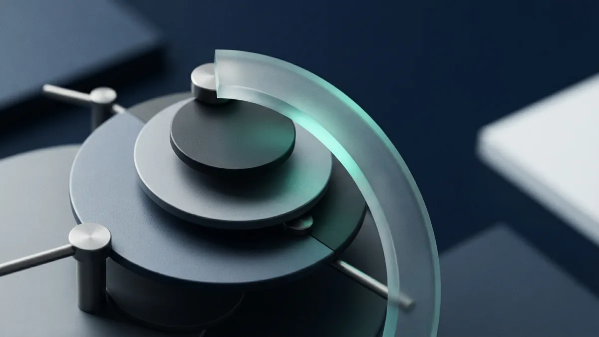 Abstract forms suggesting a bank service fee Layered navy metal and frosted glass forms representing a bank service fee