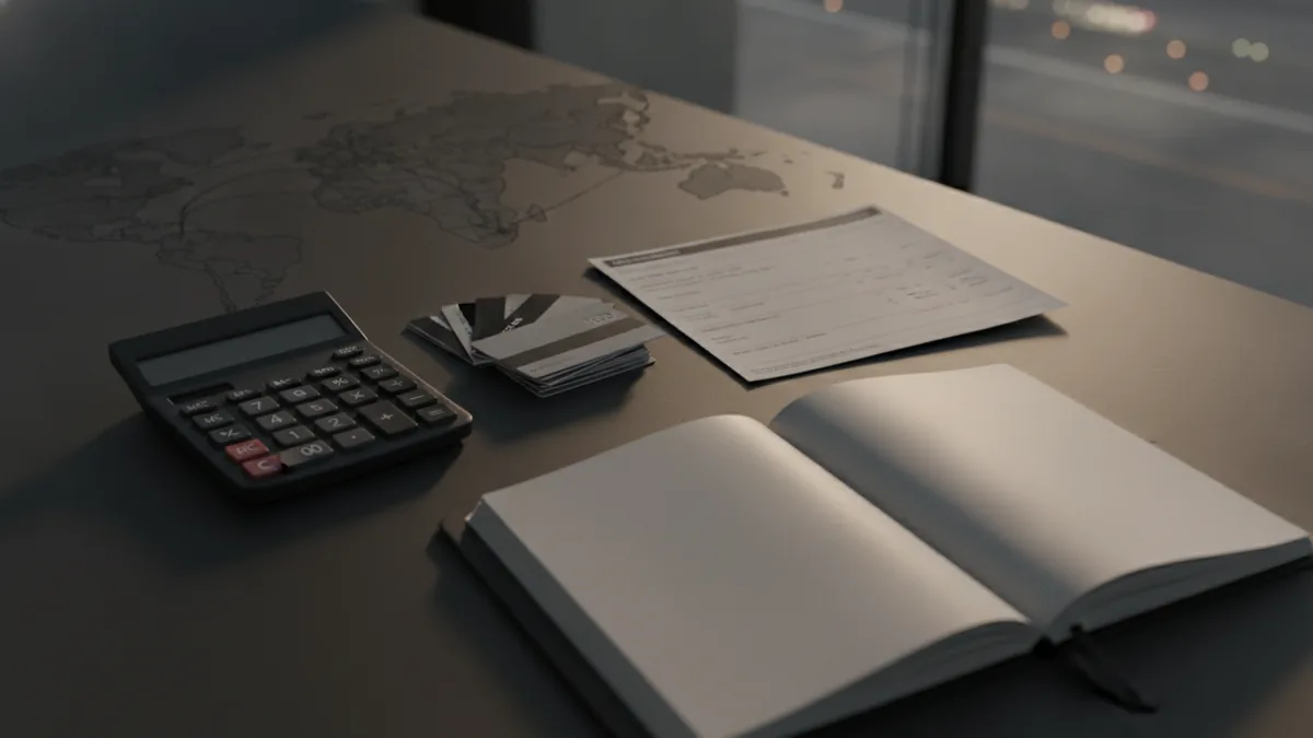 Calculator and payment statement beside cards for fee comparison