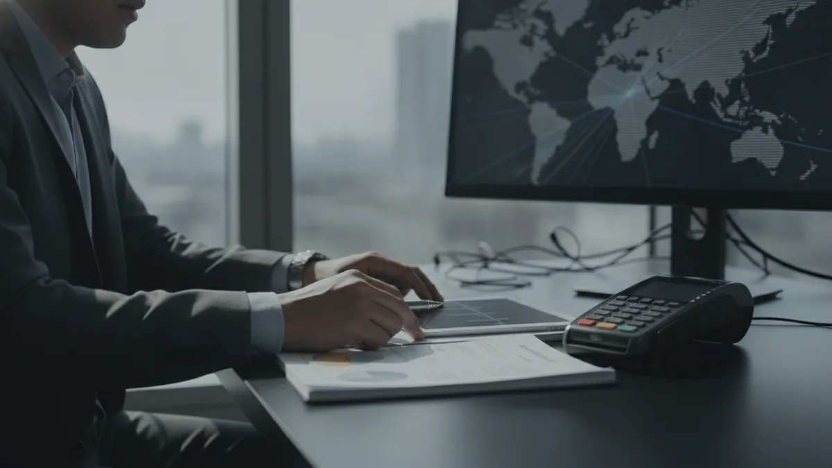 Reviewing payment tools and sales data Business owner reviewing payment equipment and sales records at a desk