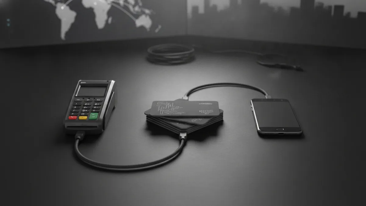 Devices and cards arranged to show how a third-party links checkout to payment rails