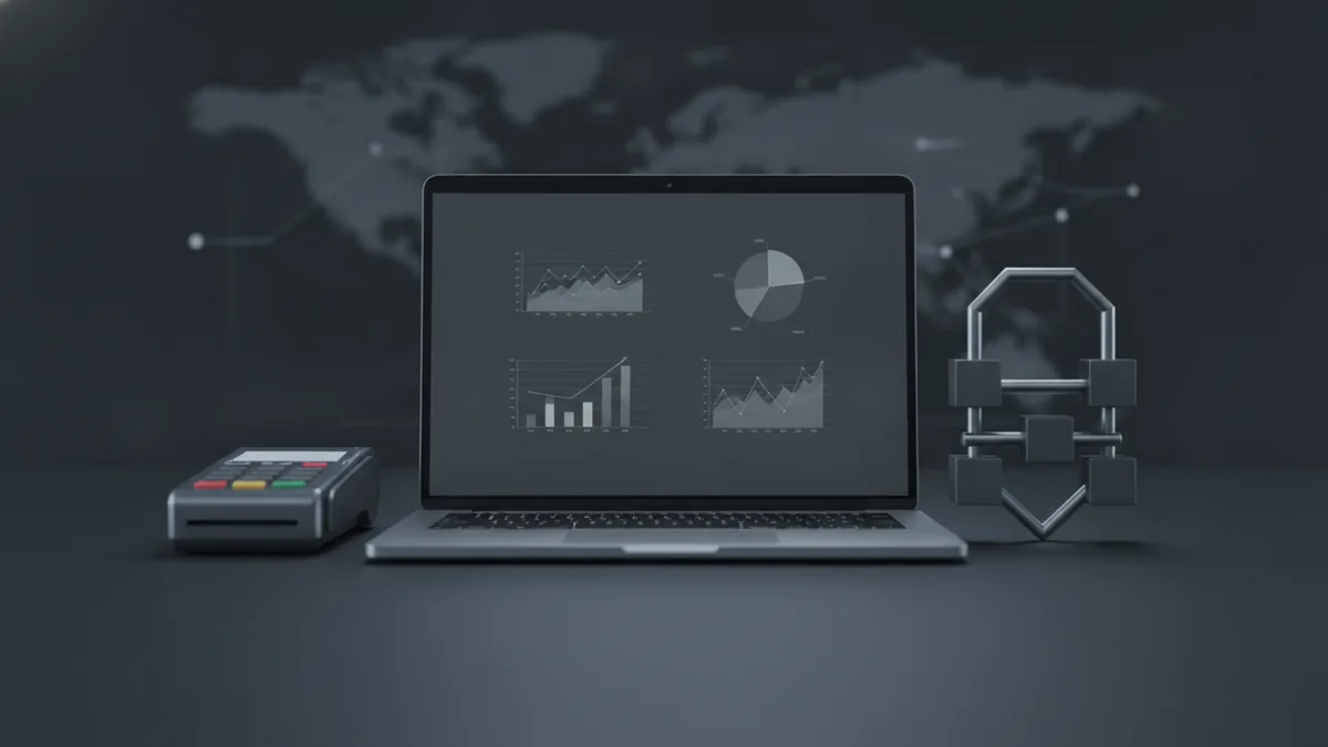 Laptop and payment device representing fees, security, and integration checks