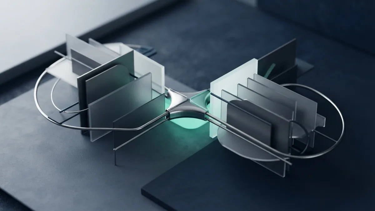 Abstract glass and metal forms represent gross and net fund settlement