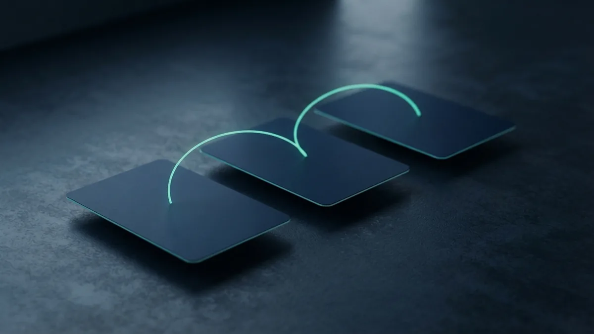 Payment steps linked by a teal arc Layered navy cards joined by a teal arc, illustrating how payment details move through a billing flow