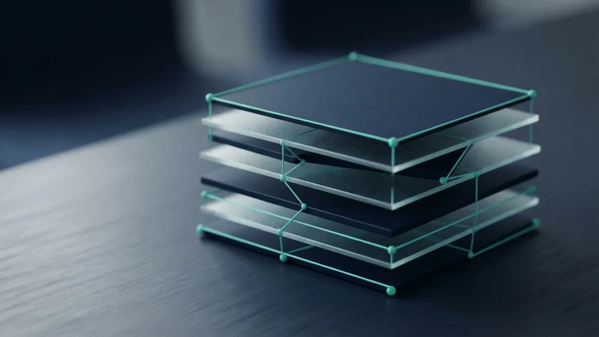 Orderly panels for billing setup Ordered navy and glass panels connected by teal lines, reflecting a well-planned billing setup
