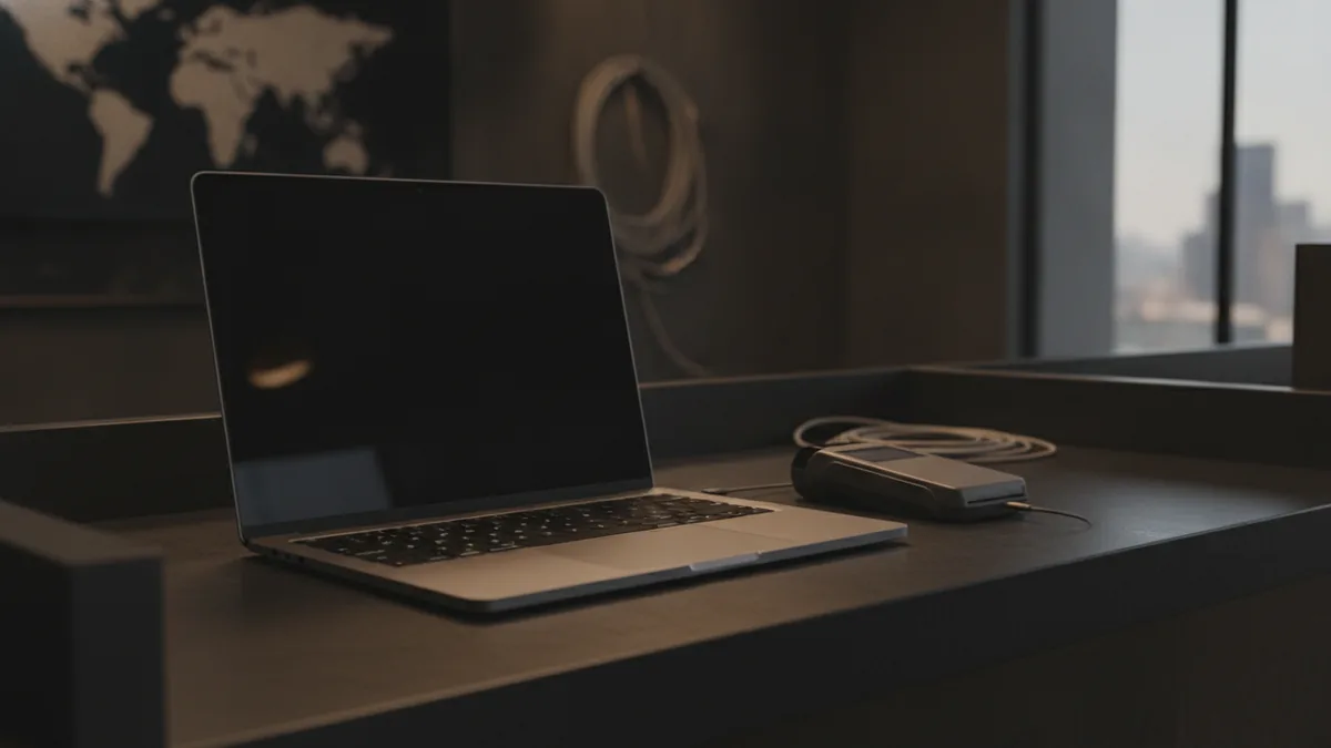 Merchant setup with laptop and card reader representing credit card acceptance.