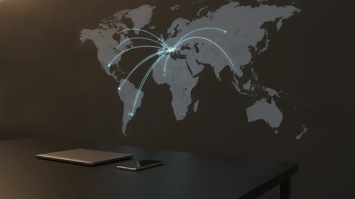 Global payments in practice Global payment routes concept with map glow and devices
