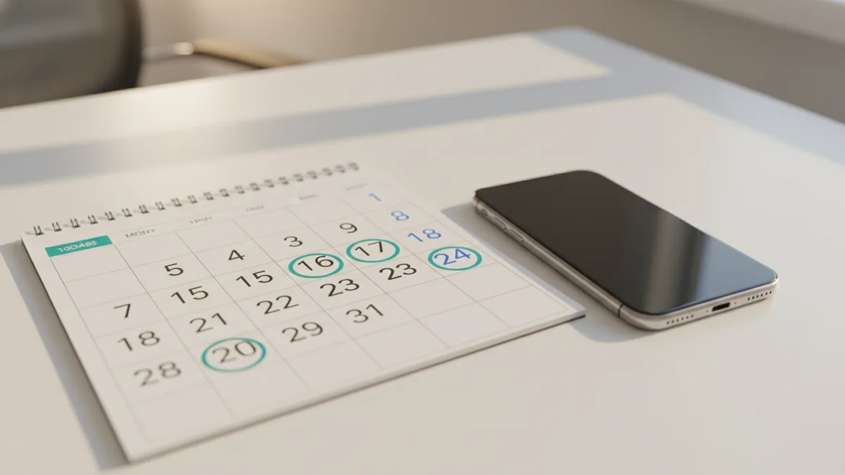 Calendar and phone indicating automated scheduled billing cycles.