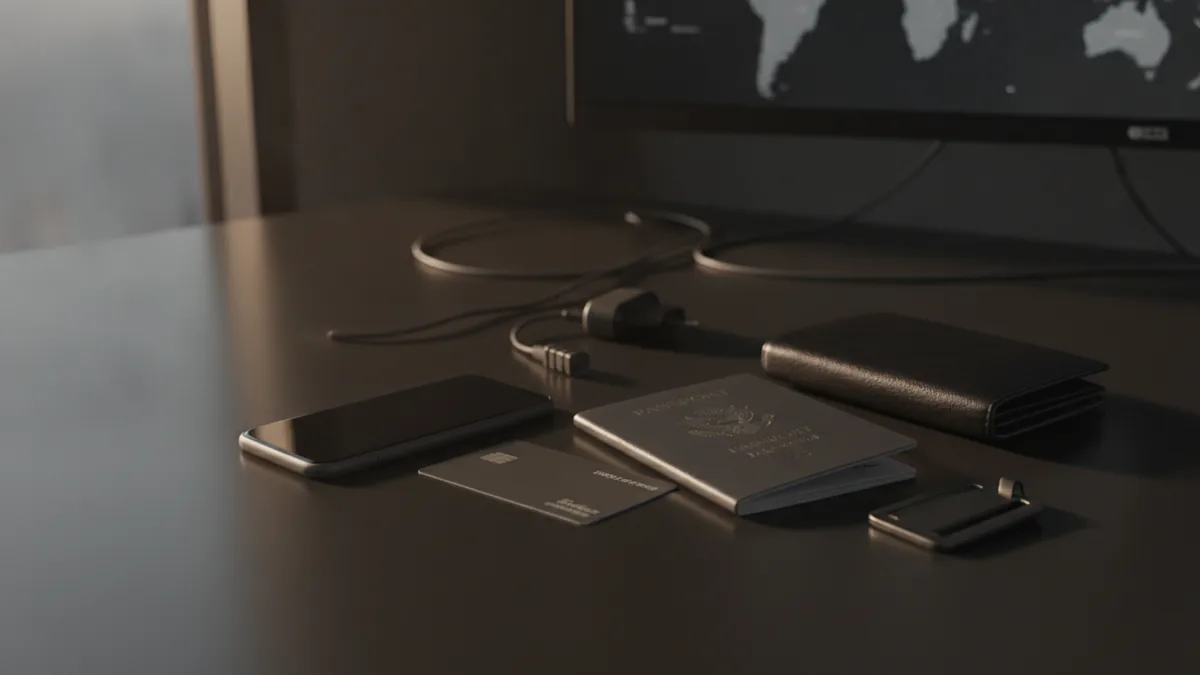Bank card and phone arranged beside travel items for an overseas payment check