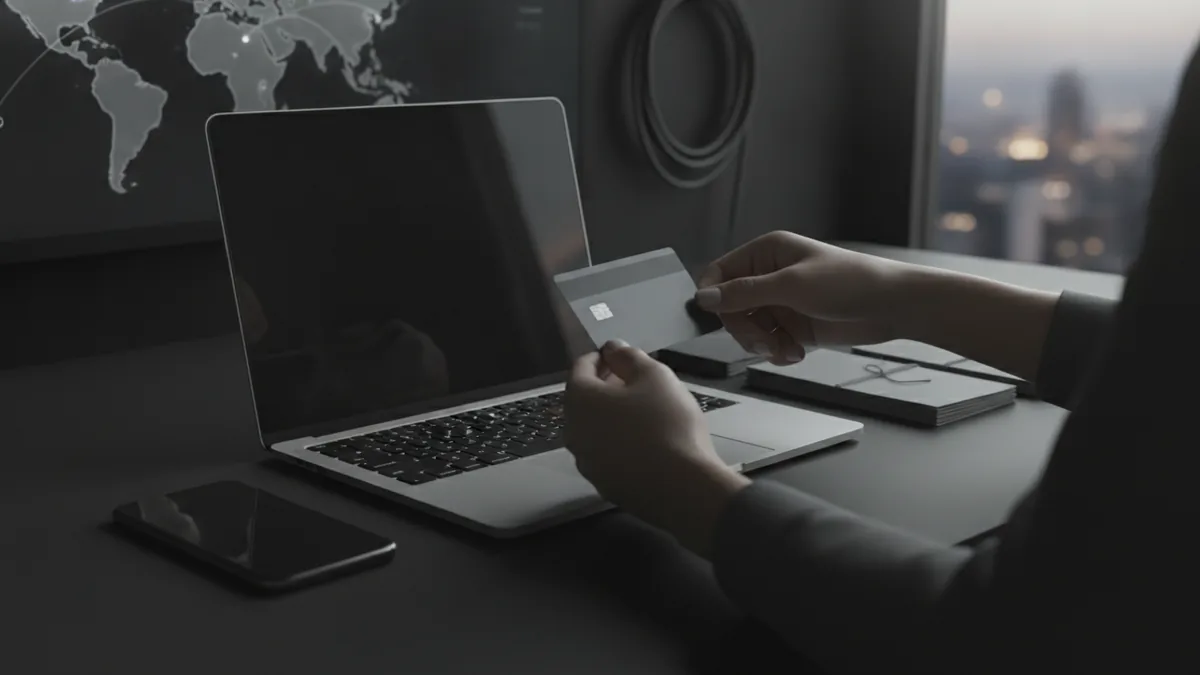 Person’s hands updating card details beside a laptop and secure finance notes